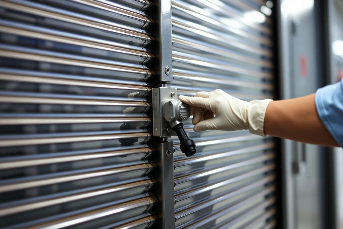 Technician performing preventive maintenance on a pharmacy security shutter gate