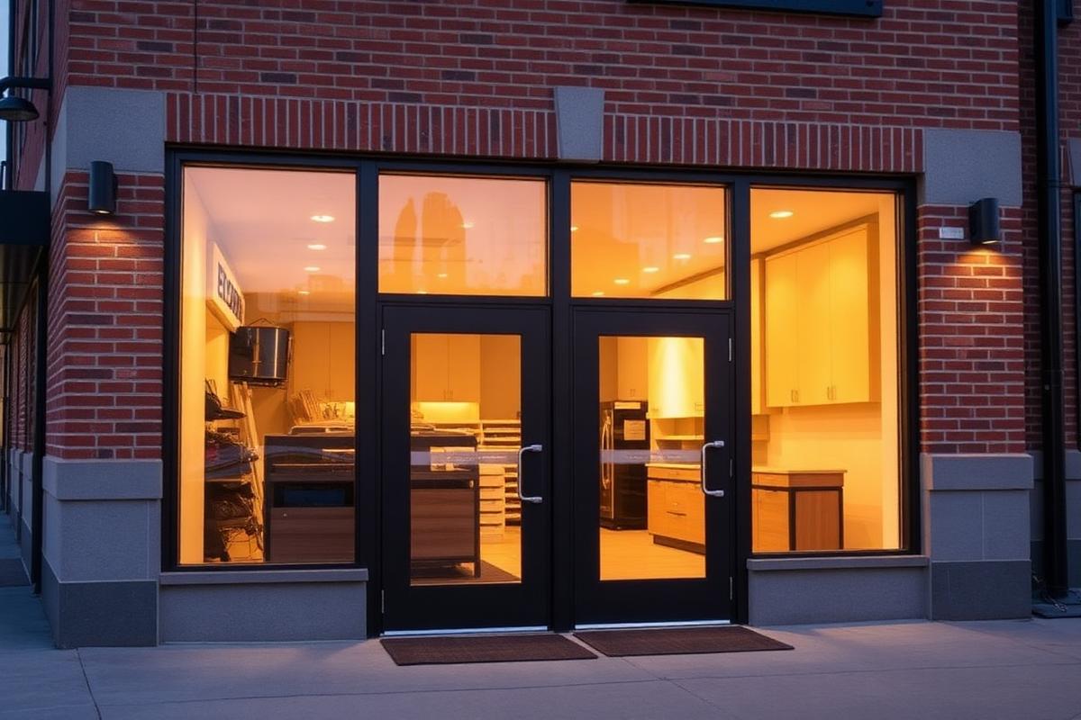 Newly installed dark bronze aluminum storefront doors on a brick commercial building