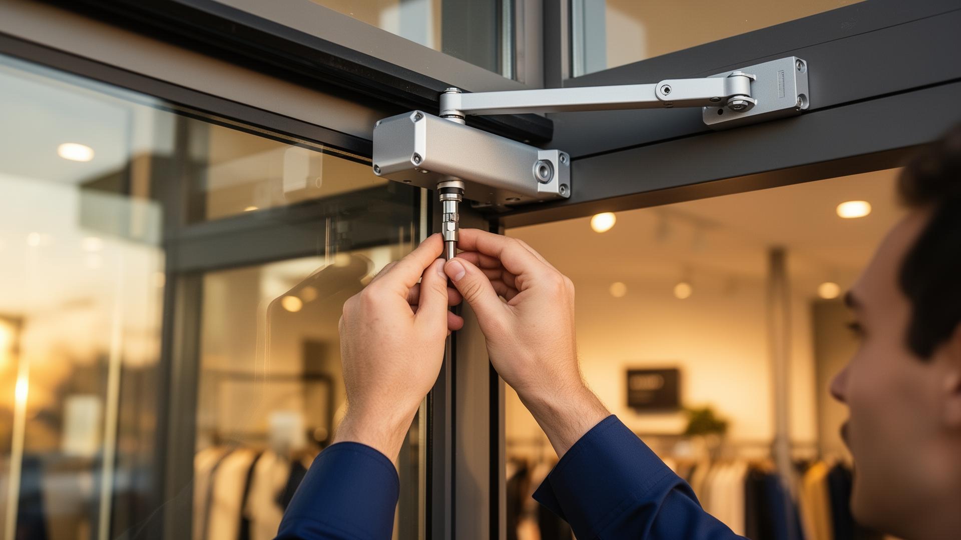 GHK Door Solutions technician calibrating a commercial hydraulic door closer on a glass storefront